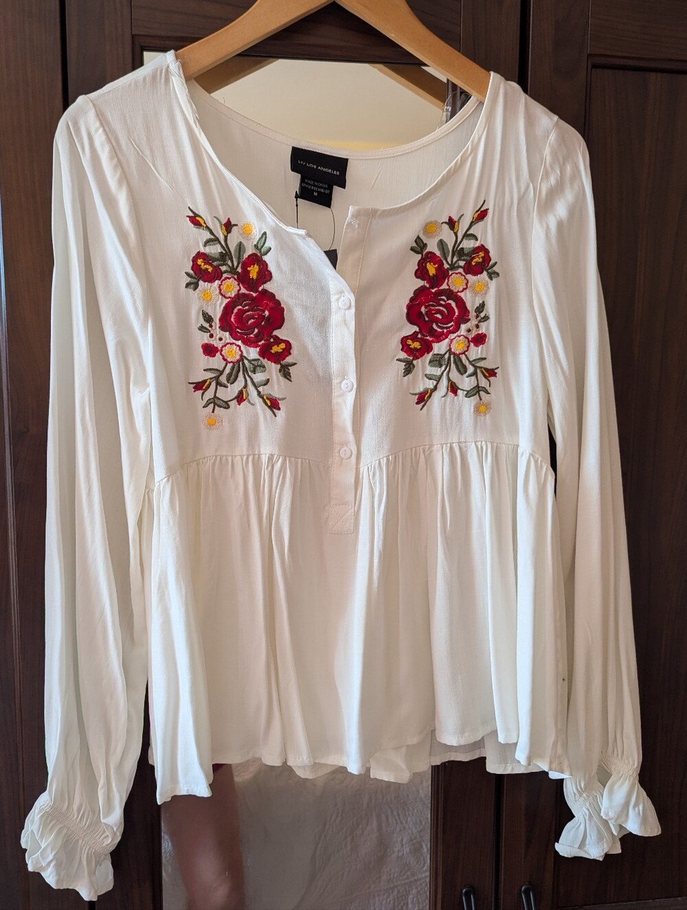 Boho Blouse White Floral Embroidery Button Down Ruffle Medium
